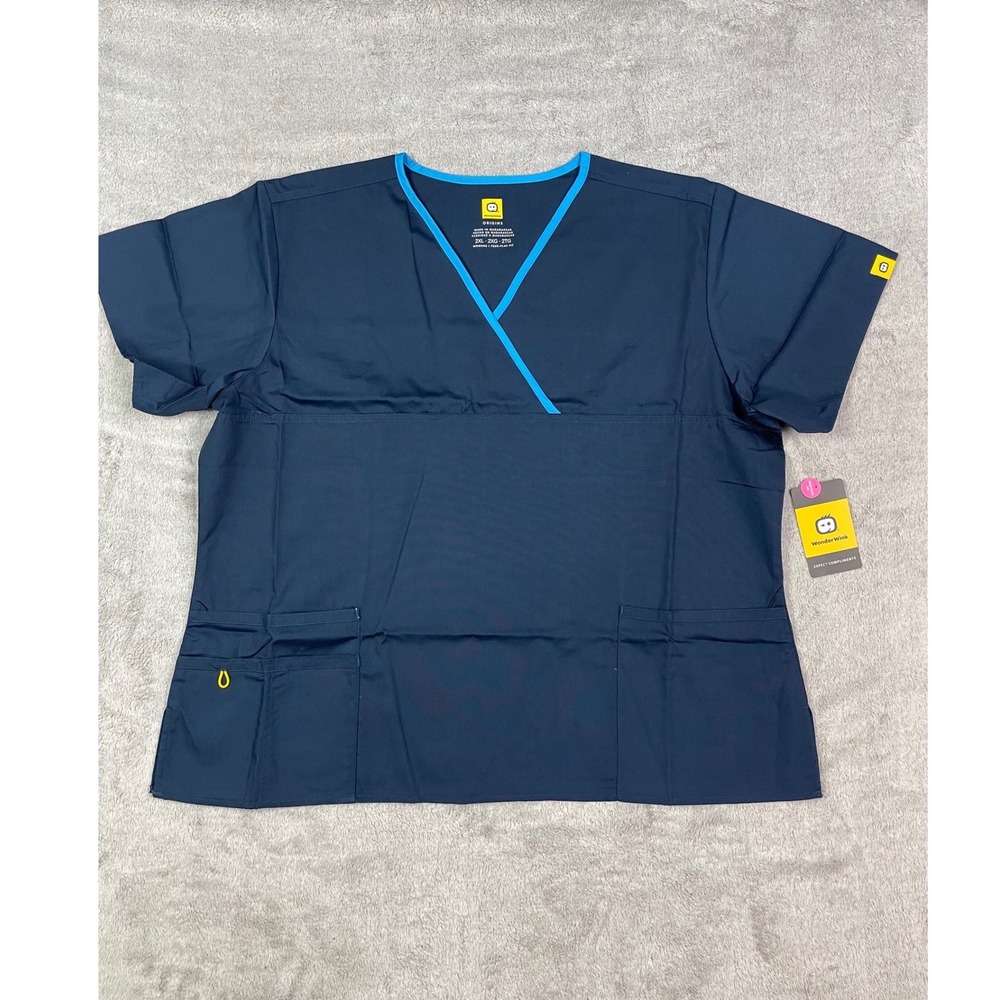 WonderWink Origins Scrub Top Womens 2XL True Plus Fit Navy Blue V-Neck NWT